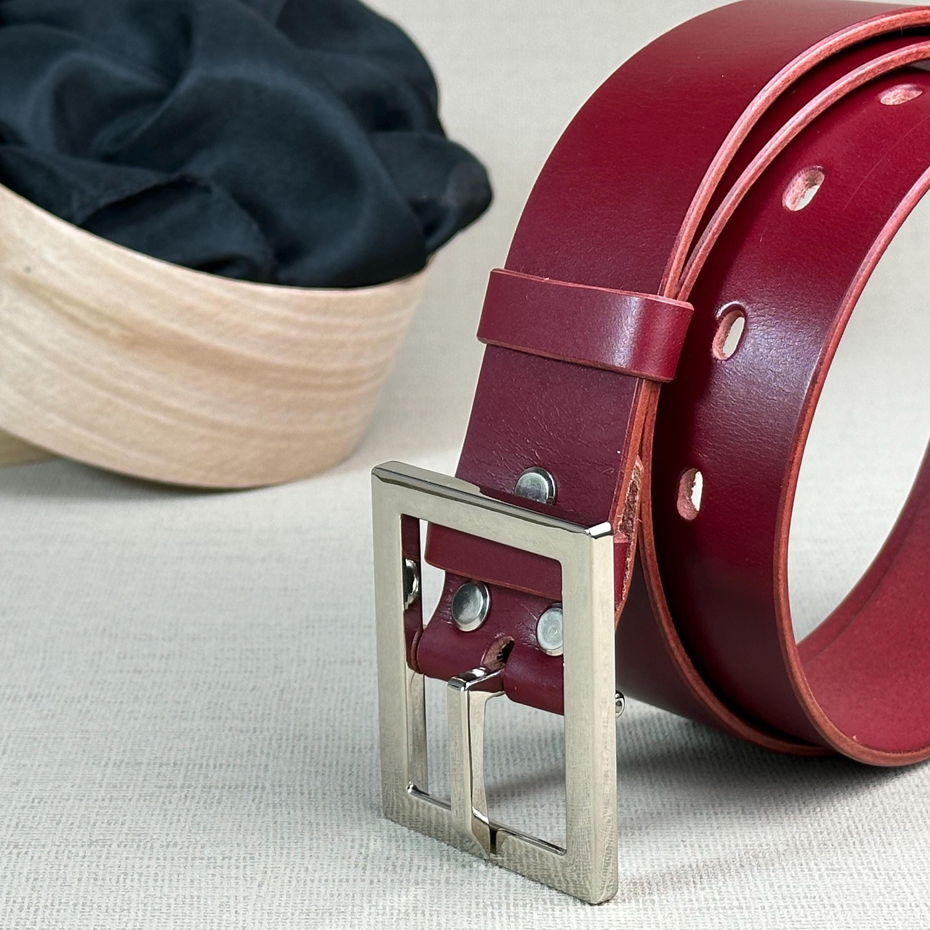 Burgundy Leather Belt: Handmade Italian Vegetable-Tanned Leather, Polished Silver Buckle, width 40mm.