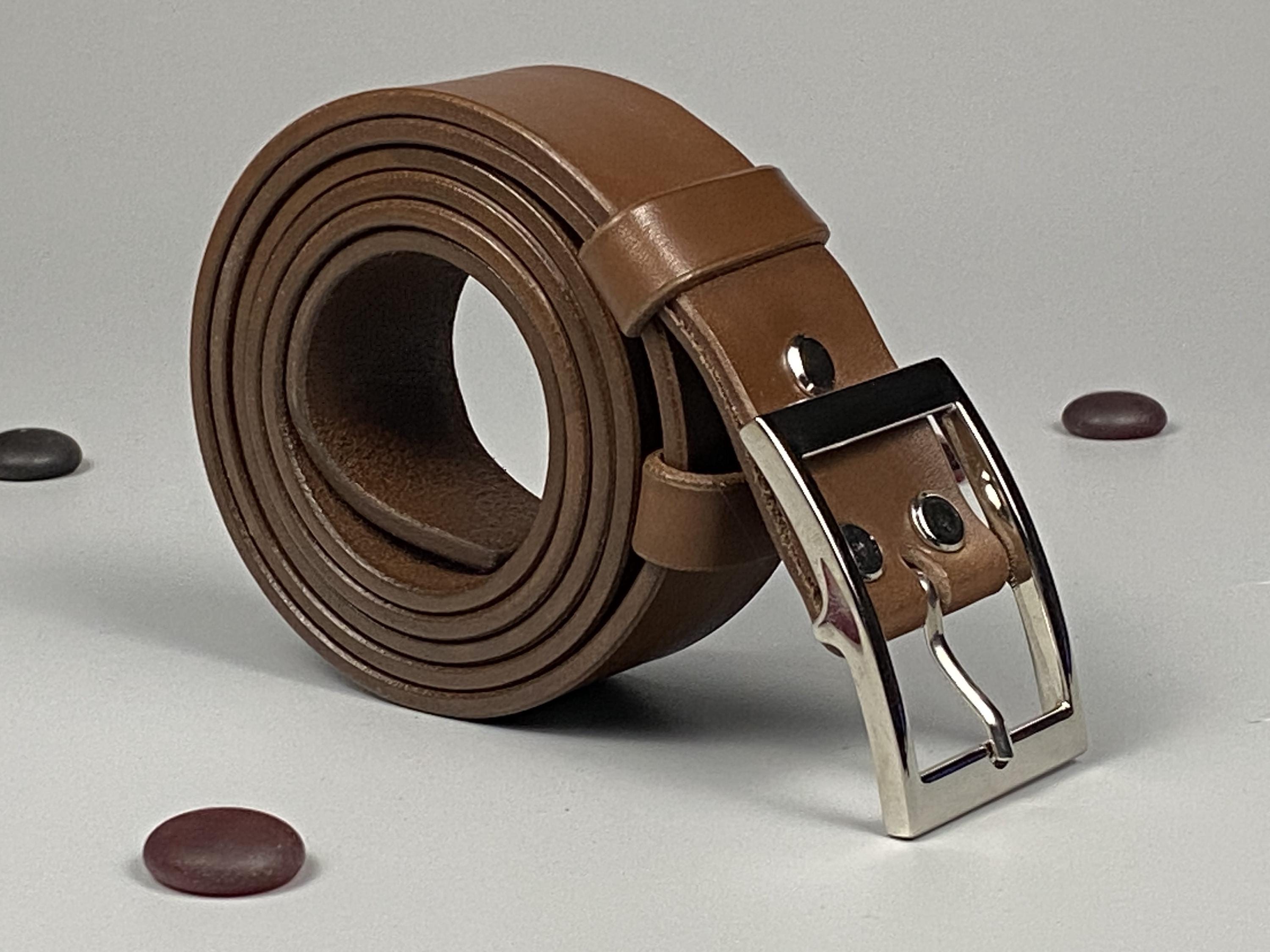 Handmade Brown Italian Leather Belt 35mm with a rectangular polished nickel-plated buckle (40mm)