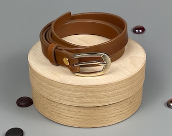 Thin Belt Womens Cognac Brown Leather Gold Belt Buckle  display picture 2