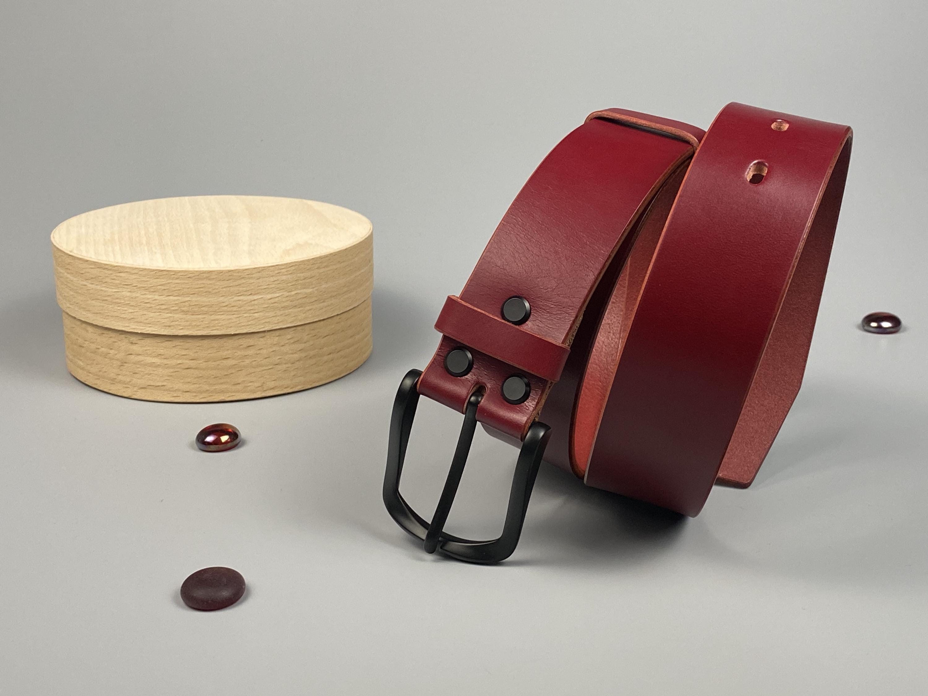 Burgundy Leather Belt 40mm | Handmade Veg Tan Belt with Black Buckle