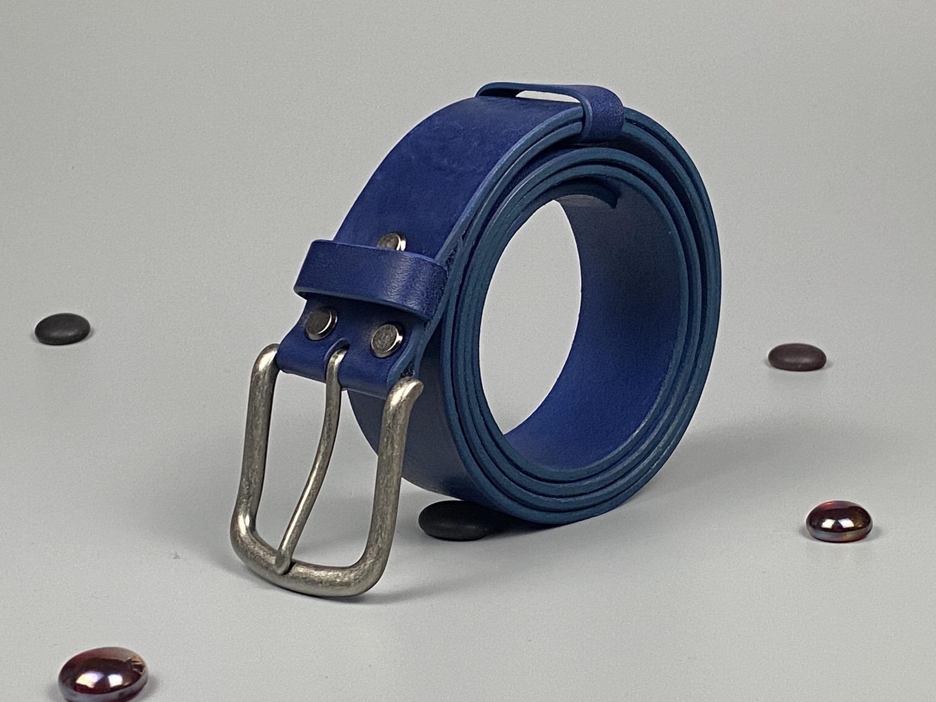 Blue Leather Belt 40mm | Handmade Veg Tan, Aged Silver Buckle