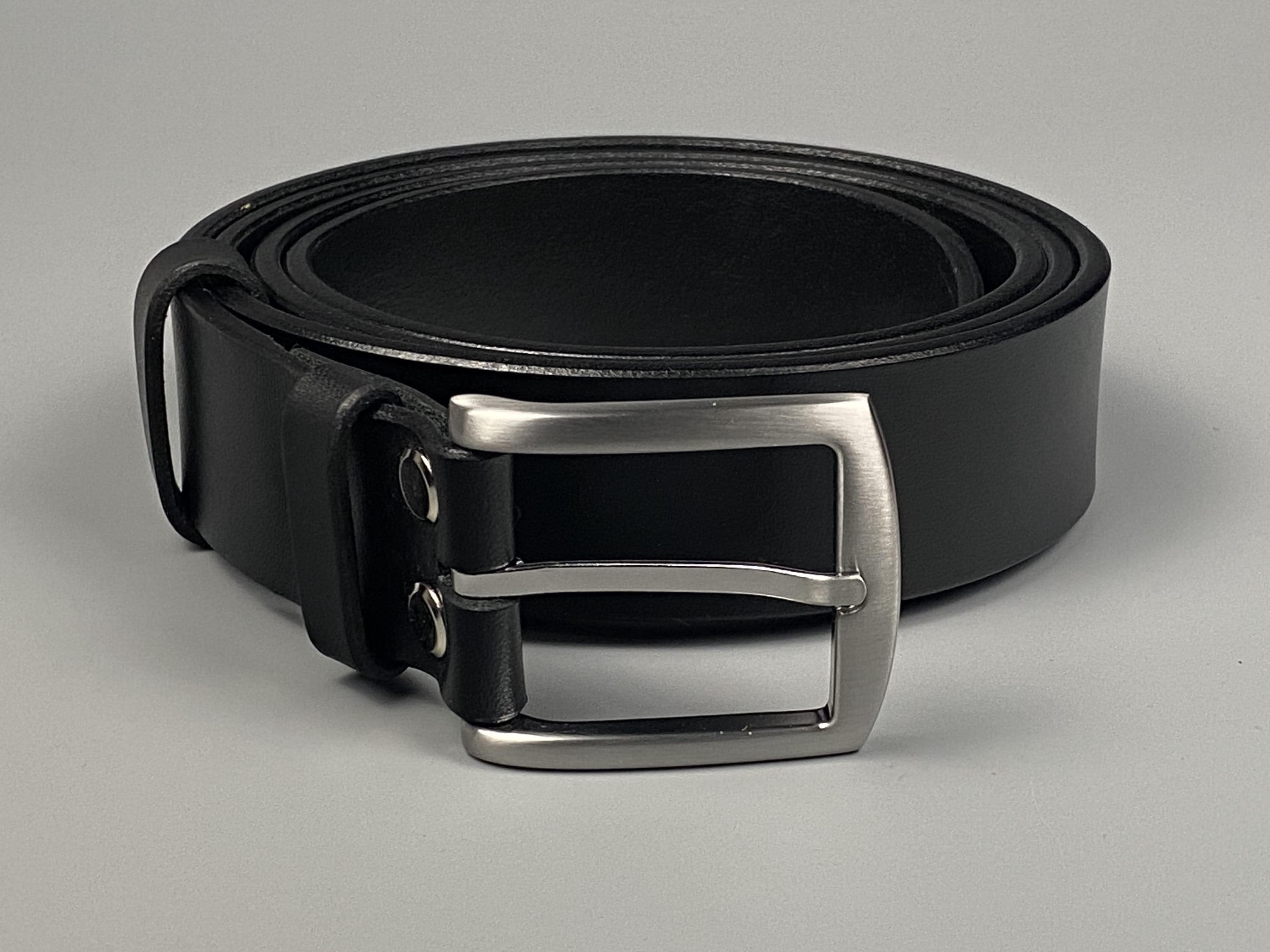 Handmade Black Leather Belt 35mm | Satin Chrome Buckle
