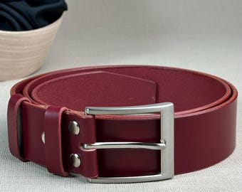 Handmade Burgundy Leather Belt: Polished Silver Buckle, Gift Box