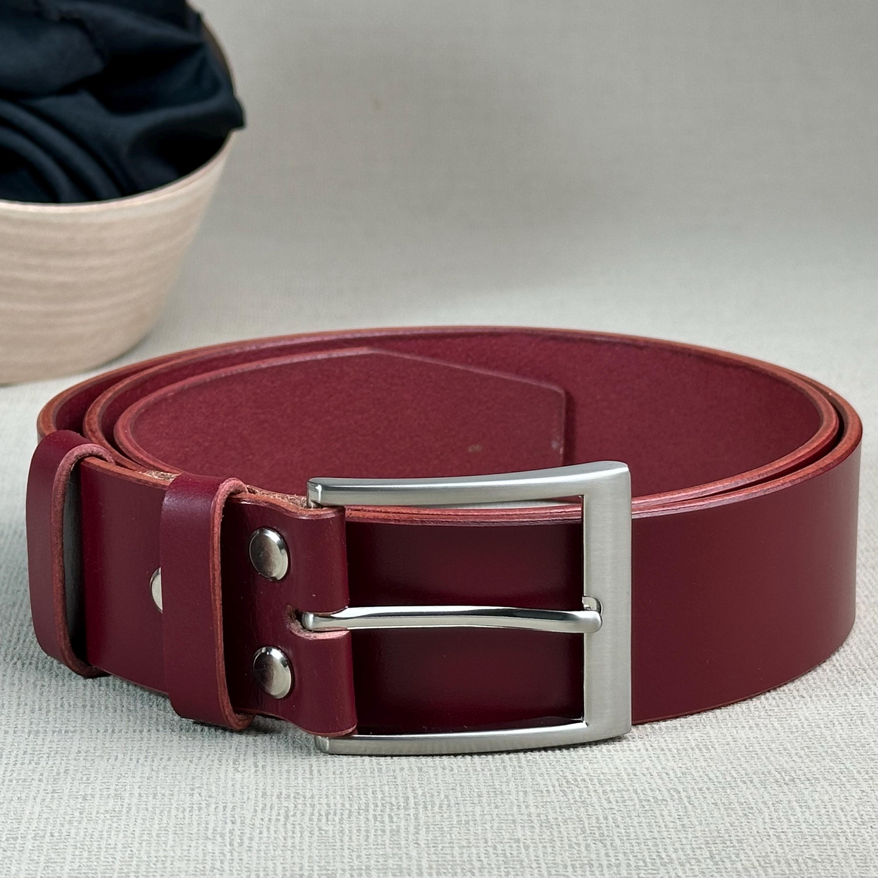 Handmade Burgundy Leather Belt: Polished Silver Buckle, Gift Box