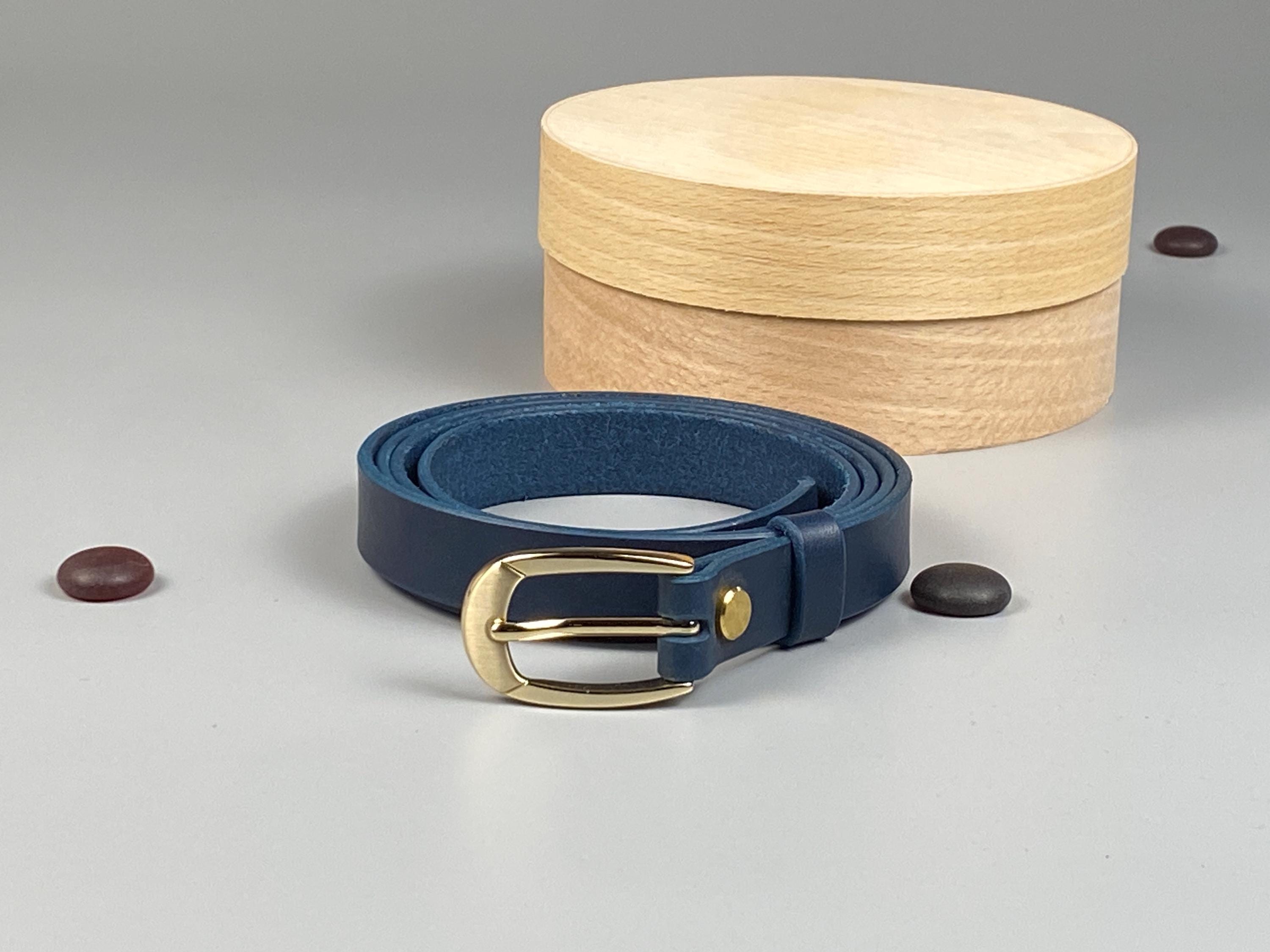 Handmade Women’s Blue Leather Belt | Gift for her | Gold Satin Polished Buckle | Width 20mm