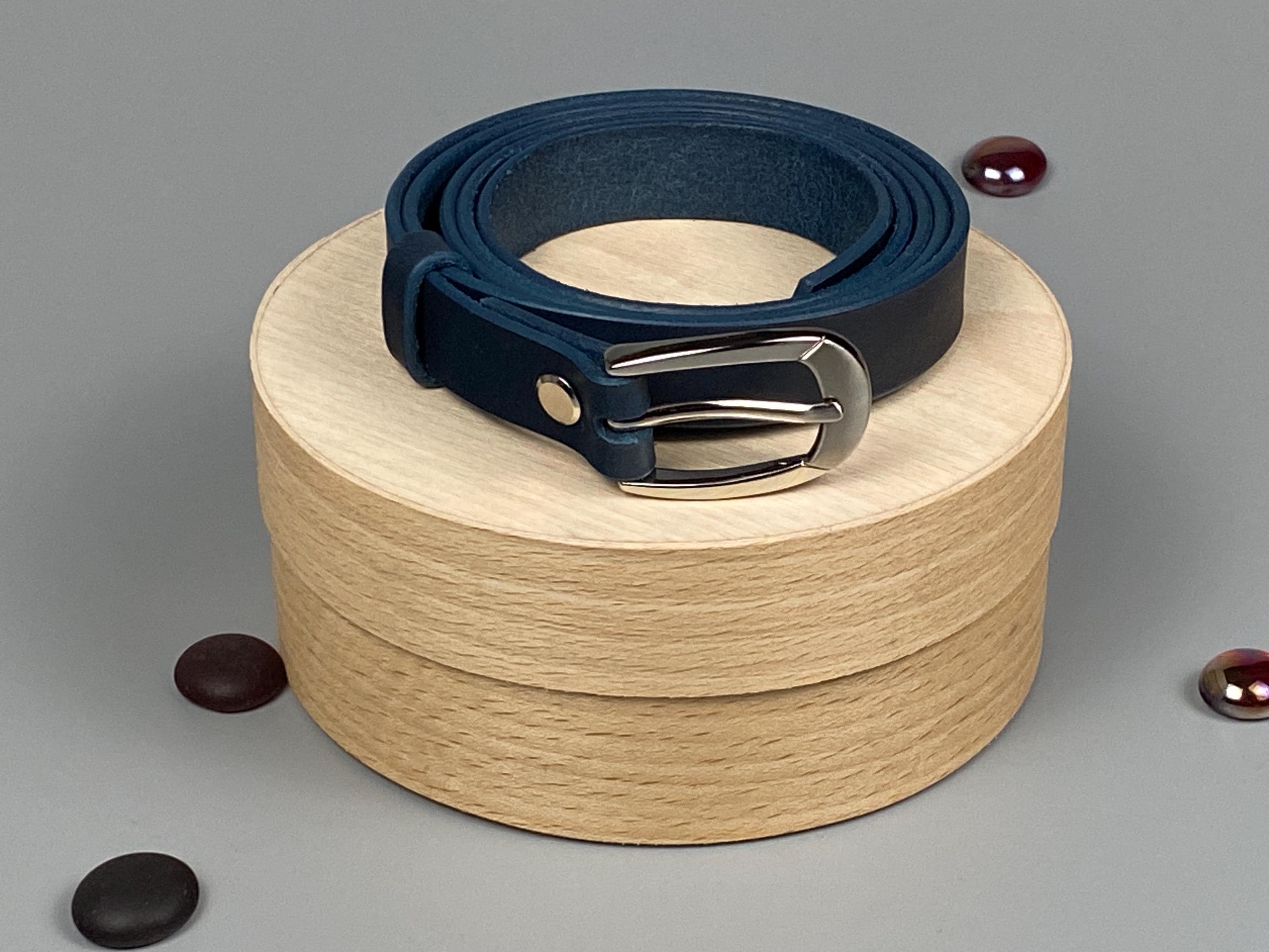 Handmade  - 20mm - Italian Leather Belt | Women's Dark Blue Narrow Belt, Chrome Buckle