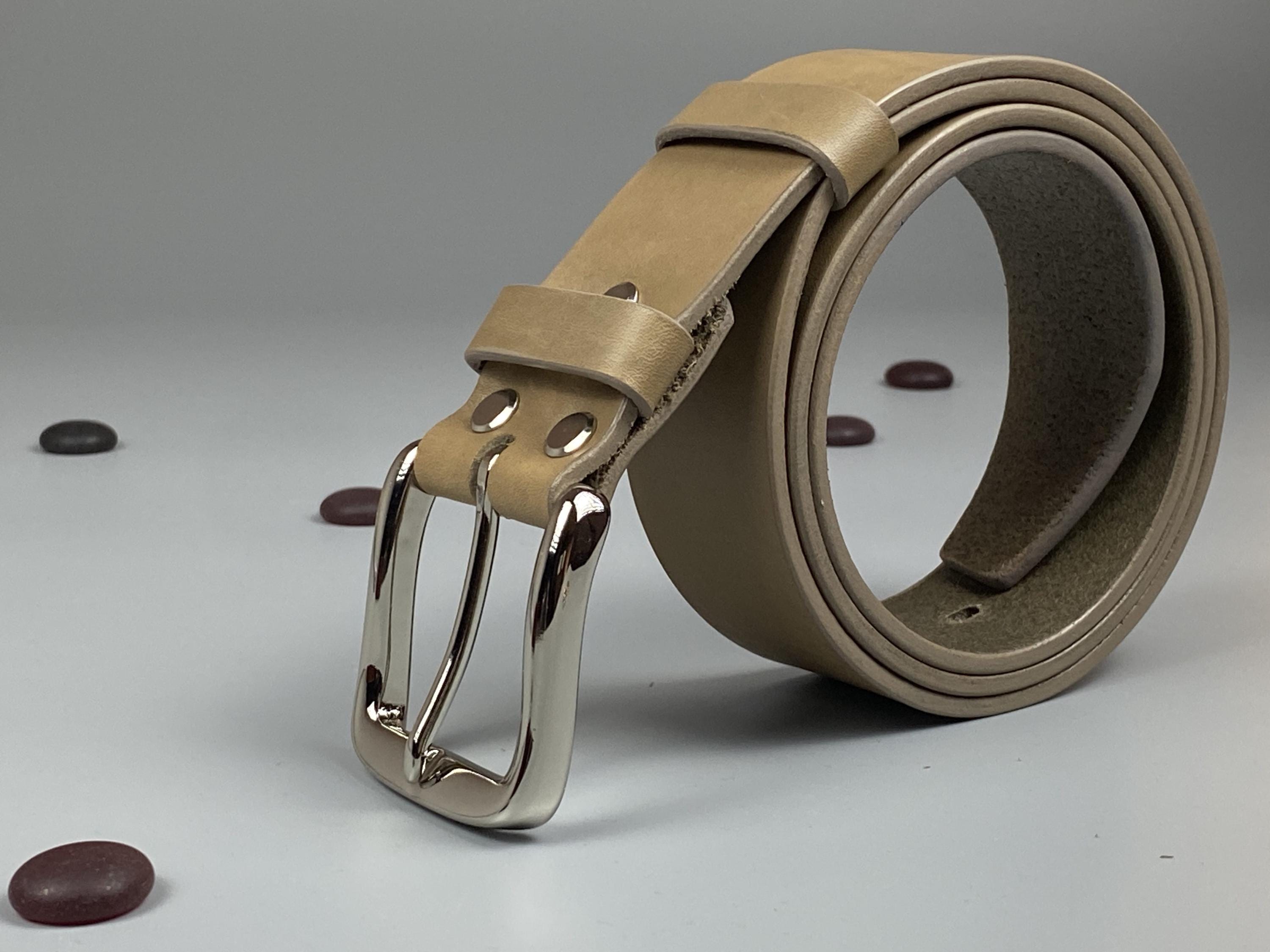Handmade Powder Leather Belt | Italian Vegetable Tanned Leather, Trendy Chrome Buckle