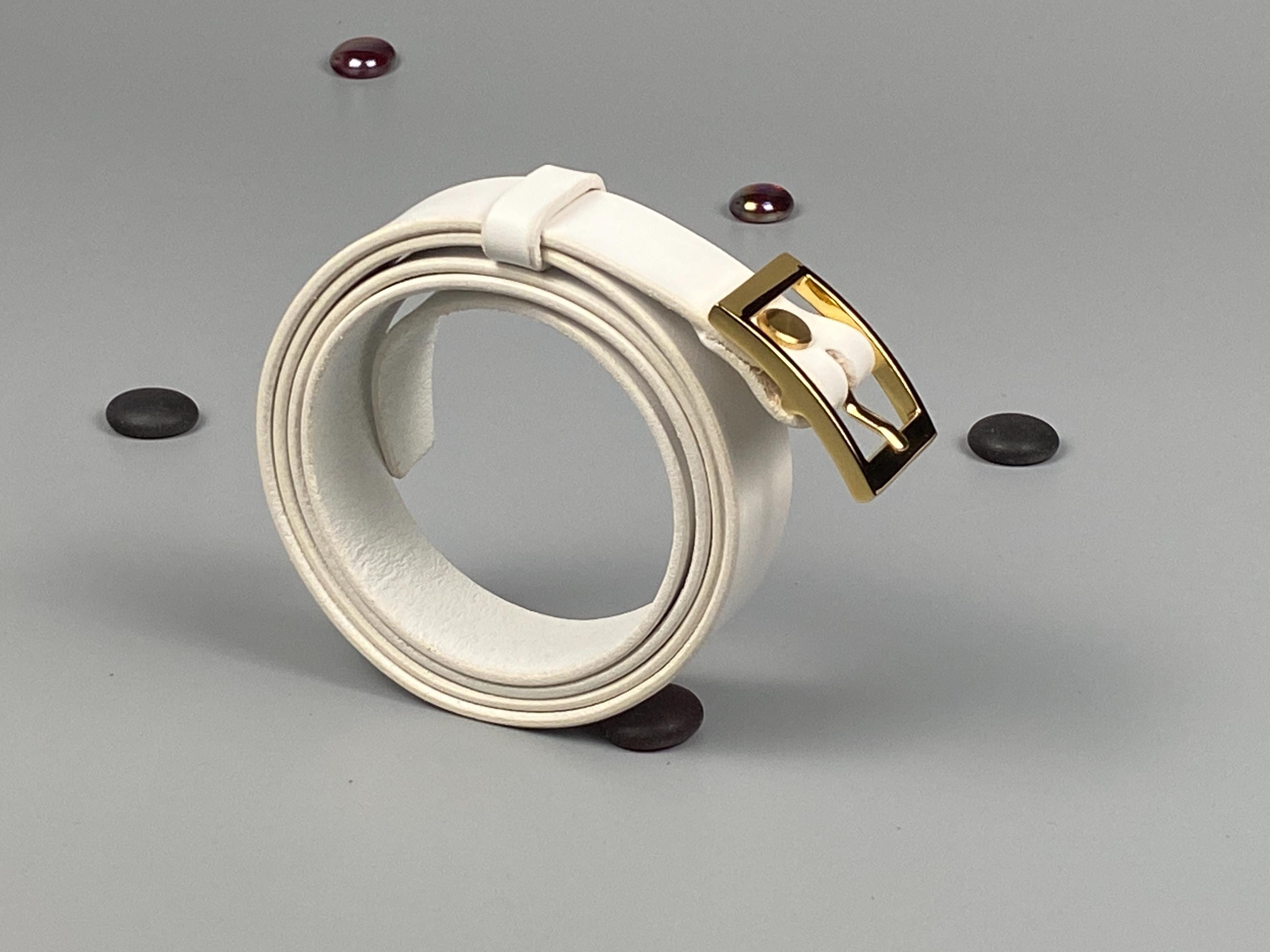 Handmade  - 25mm - White Leather Womens Belt  | Gold Buckle