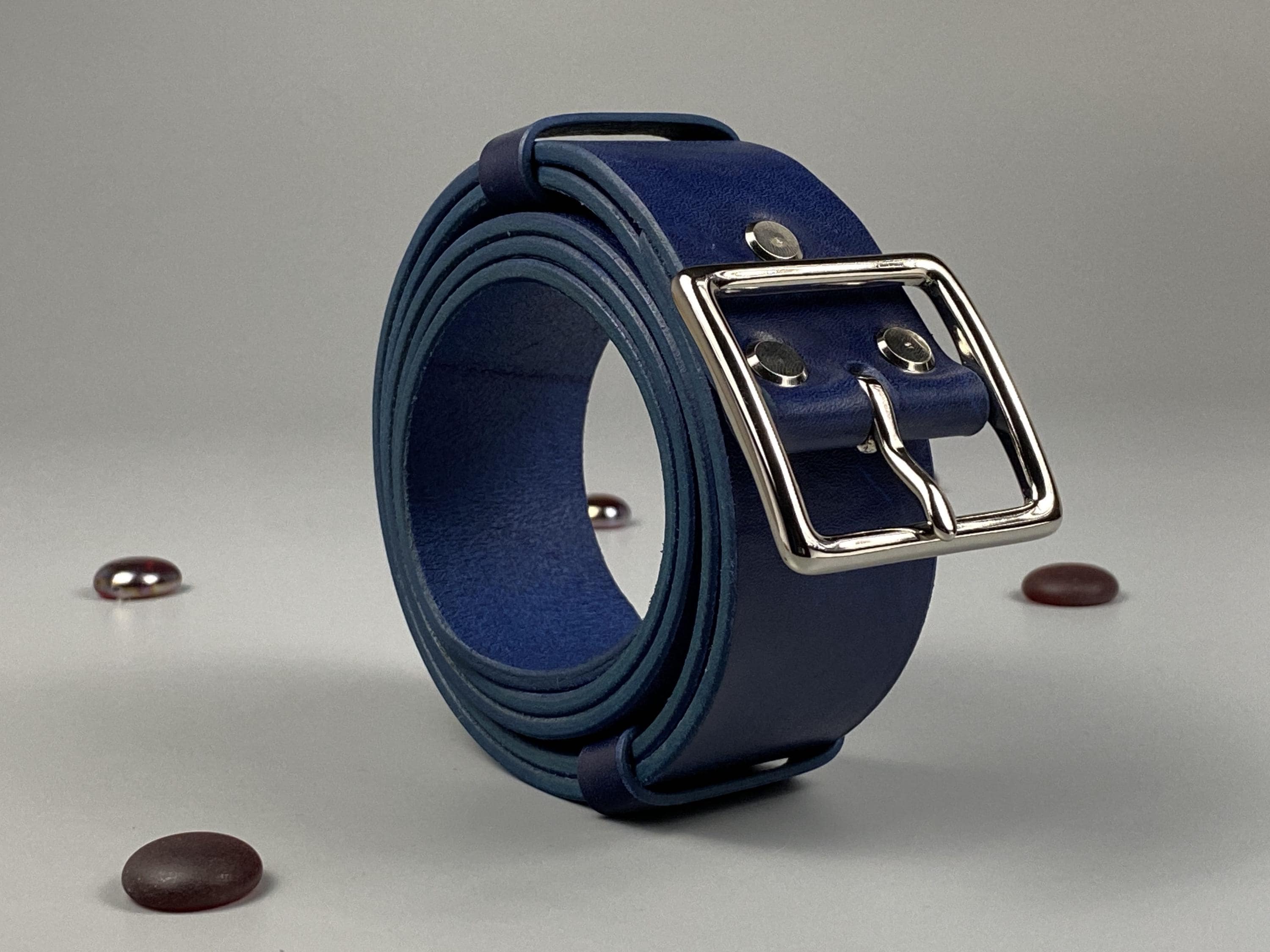 Handmade Blue Italian Leather Belt | 40mm Width, Silver Square Buckle