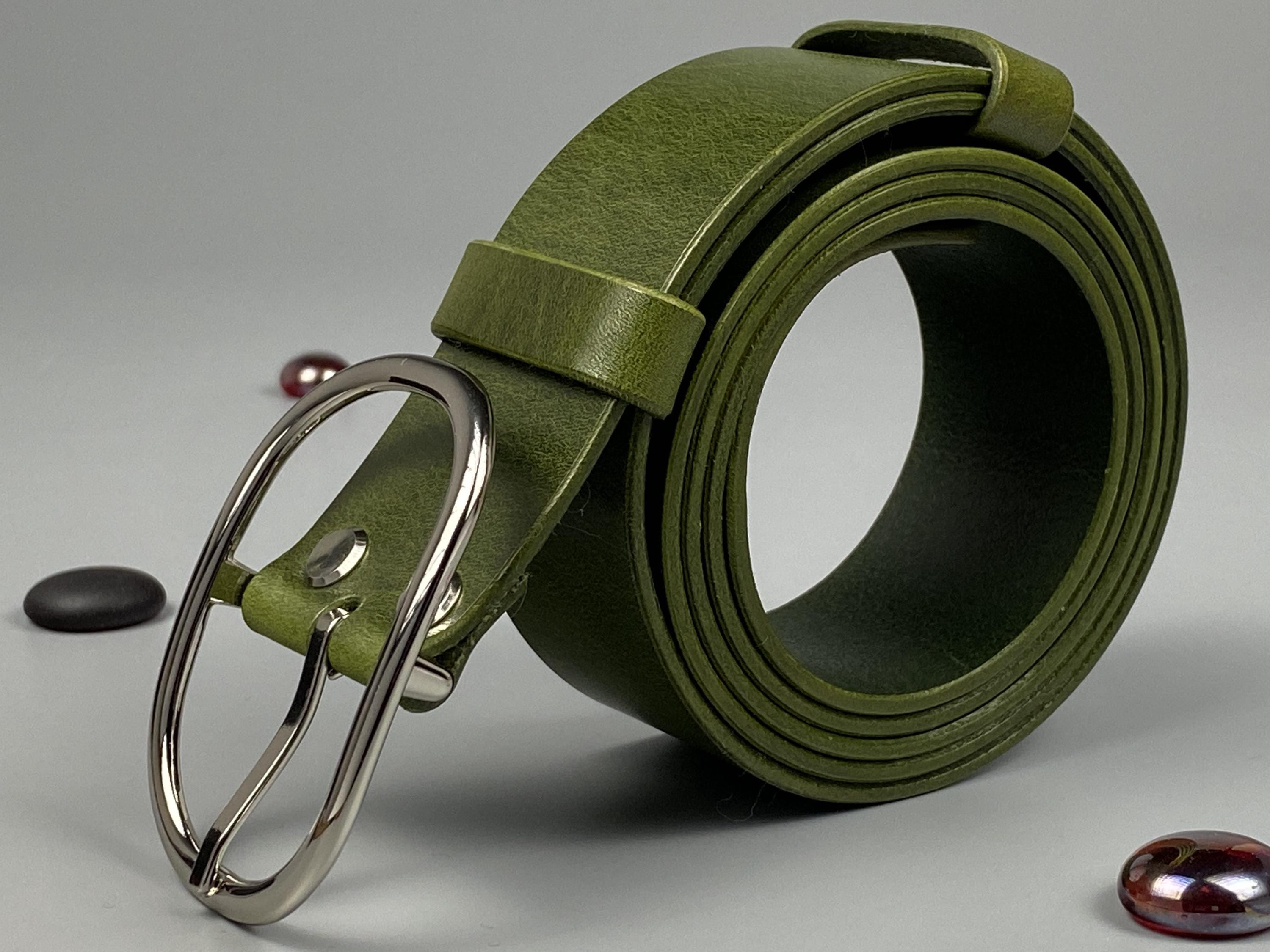 Handmade Green Leather Belt • Oval Silver (Gold) Buckle, Unisex (40mm)