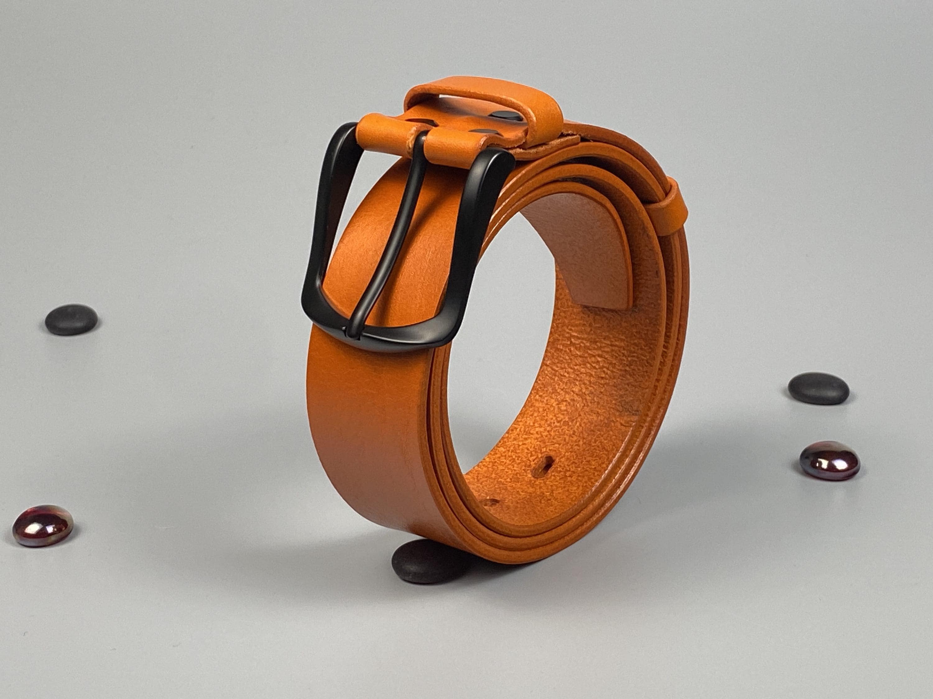 Handmade Orange Leather Belt 40mm | Unisex Veg-Tanned Leather with Black Buckle