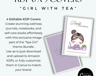 4 Unique "Girl with Tea" KDP Covers | 6x9 Size | Editable in Canva + Ready-to-Use PDFs