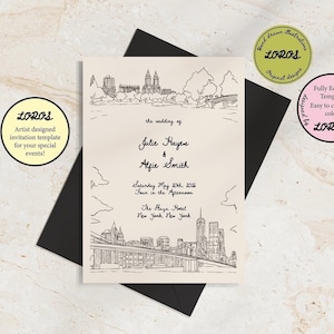 Plantilla de invitación de boda en la ciudad de Nueva York / Ilustración dibujada a mano / Boda de destino / Moderna / Artística