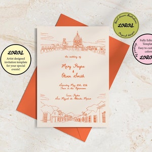 Plantilla de invitación de boda de San Miguel de Allende / Ilustración dibujada a mano / Boda de destino / Moderna / Artística