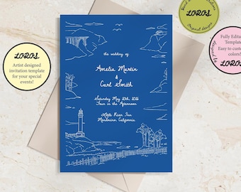 California Coast Hand Drawn Wedding Invitation Template | Hand Drawn Illustration | Destination Wedding | Modern | Artistic