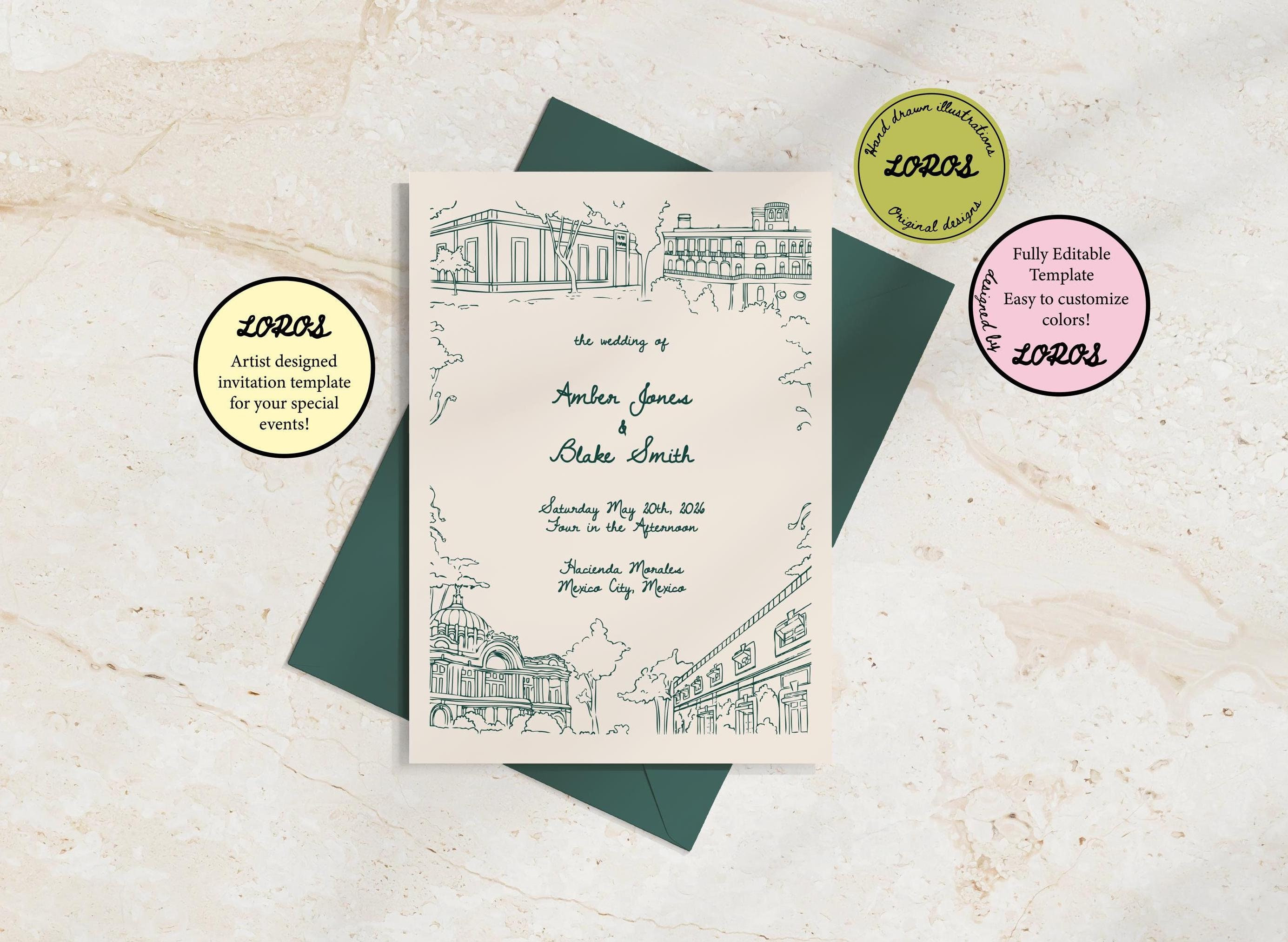 Mexico City Hand Drawn Wedding Invitation Template | Hand Drawn Illustration | Destination Wedding | Modern | Artistic
