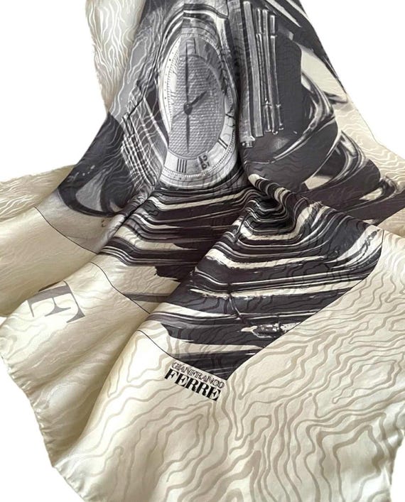 Vintage Silk Scarf Watch Print Jacquard Ivory Grey Hand Rolled Gianfranco Ferré