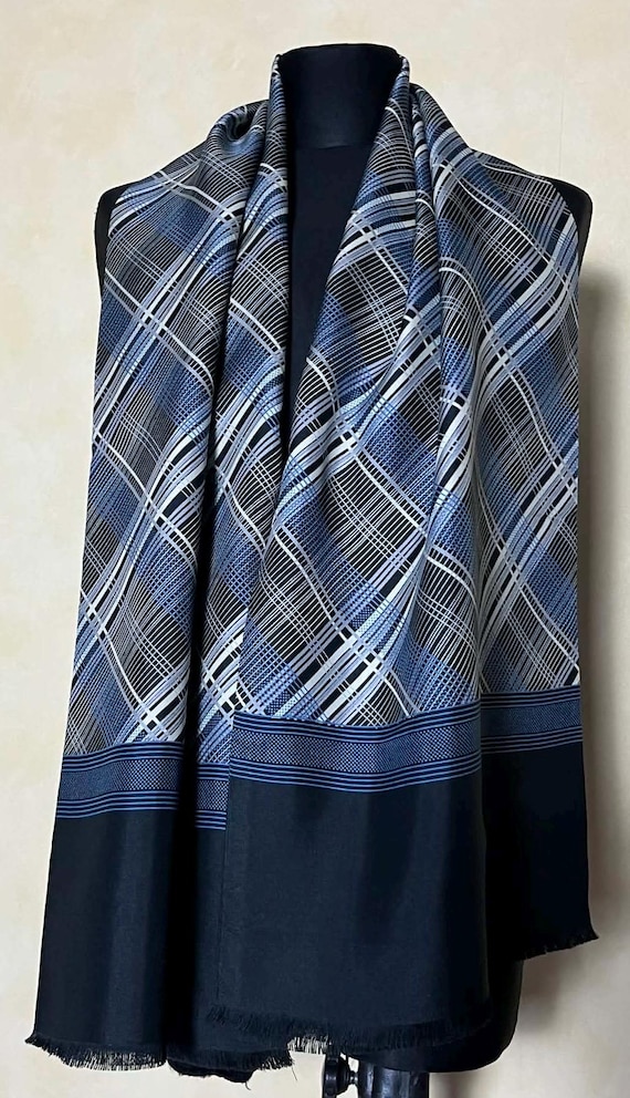 Mens Pure Silk Opera Scarf Double Layer Blue Black Tartan Check Vintage