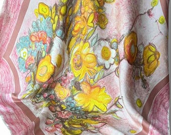 Foulard Vintage En Mousseline De Soie - 71x60 Cm, Motif Fleurs Et Pois, Multicolore, Occasion
