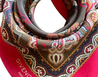 Bufanda Givenchy Paris Vintage de Seda, Estampado Paisley Marrón Rojo, Bufanda Cuadrada para Cuello, 57 x 59 cm