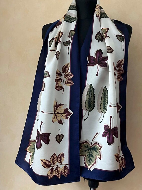 Liz Claiborne Vintage Silk Scarf Ivory Navy Botanical Leaf Print Long 90s Scarf