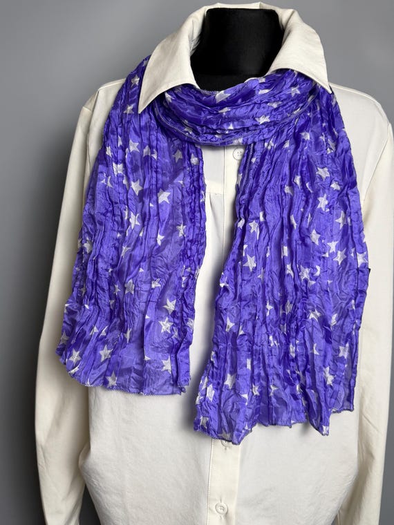 PASSIGATTI Vintage 100% Silk Scarf Purple White Star Print Lightweight Crinkle Silk Made in Italy