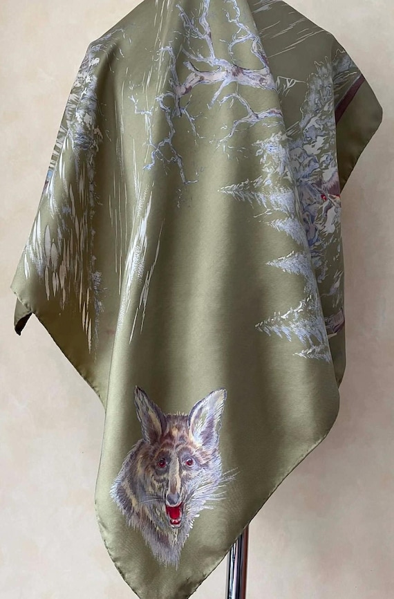 Salterio Milano Vintage Silk Twill Scarf Wolf Hunting Scene Olive Green Hand Rolled Italian