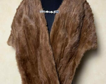 Vintage Brown Mink Fur Stole, Handmade Lined Scarf Shawl