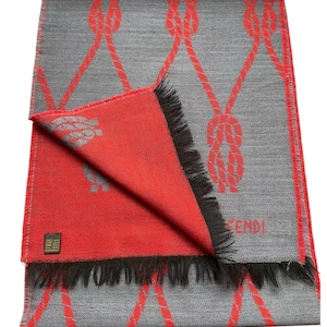 Vintage Fendi Wool Scarf Red Gray Reversible Unisex Italy 100% Lana Fringe 180x35 cm