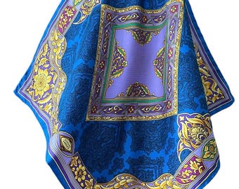 Atelier Versace Silk Twill Scarf Vintage Neo Barocco Blue Gold 90s 43x43