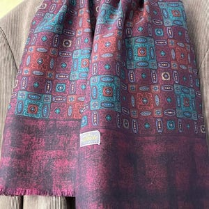 Vintage Men's Double Layer Opera Scarf Silk Wool Burgundy Green Geometric Pattern 70s