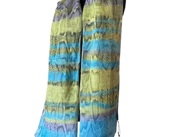 Linen Cotton Scarf Lightweight Summer Stole Green Blue Striped Natural Texture Codello Italy NWT