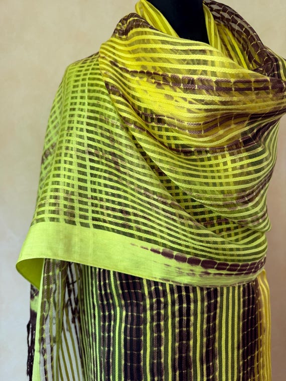 Vintage  Silk Blend Ombre Scarf Stole Brown Yellow Green Tassel Wrap Italy Passigatti