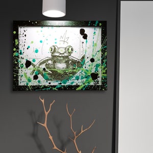 Kikker, uniek stuk, kunst aan de muur, grafische dierentekening, graffiti-inspiratie, wanddecoratie, ingelijst A5