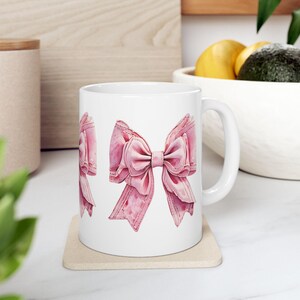 Unique Pink Bow Coquette Coffee Mug, Minimalist Kitchen Decor, Gift for Her, Tea Cup, Hot Chocolate Mug, Feminine Girl Power