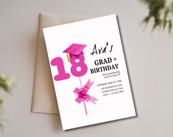 May include: A white invitation card with pink accents for a graduation and birthday celebration. The card features the text "Ava's GRAD + BIRTHDAY" and the number "18" in a playful font, along with a graduation cap illustration.