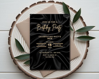 Black & Gold Birthday Invitation | 30th Birthday Evite for Him | Modern Black Birthday Invite | Editable Canva Template | Digital Download