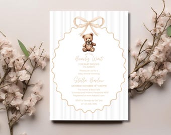We Can Bearly Wait Baby Shower Invitation | Beige Teddy Bear Baby Shower Invite | Gender Neutral Baby Shower | Editable Canva Template