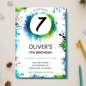 May include: A birthday invitation with a colourful paint splatter design. The invitation reads "You're Invited" and "Oliver's 7th Birthday". Additional elements include a gold key, pine cones, and decorative snowflakes.