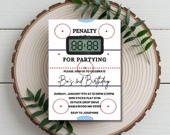 May include: A hockey-themed birthday party invitation with a digital timer displaying "88:88" above the text "FOR PARTYING." The invitation includes details for Bo's 2nd birthday, with a hockey rink design and red and blue accents.