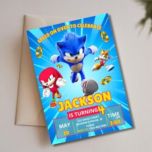 May include: A blue birthday invitation featuring Sonic the Hedgehog, Knuckles, and Tails. The invitation reads "SPEED ON OVER TO CELEBRATE" and "JACKSON IS TURNING 4". Includes date, time, and RSVP information.