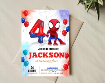 Edytowalne zaproszenie na czwarte urodziny Spidermana | Zaproszenie urodzinowe dla dzieci Spidermana | Czwarte urodziny superbohatera | Szablon Canva