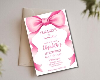 Invitación de cumpleaños con lazo rosa coqueto / Invitación para fiesta de cumpleaños femenina / Plantilla editable de Canva / Descarga instantánea