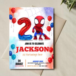 May include: Birthday invitation featuring a red and blue number 2 balloon and a Spider-Man character. The invitation includes the text "Join us to celebrate JACKSON is turning two" and event details. Red, blue, and white balloons decorate the background.