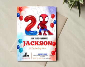 Editable 2nd Spidey Birthday Invitation | Spidey Kids Birthday Invite | Superhero Second Birthday Party | Canva Template