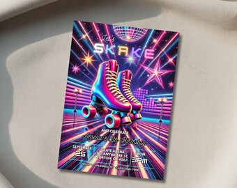 Roller Skating Birthday Invitation | Retro Neon Glow Party Invite | Editable Roller Skate Birthday Template | Digital Download