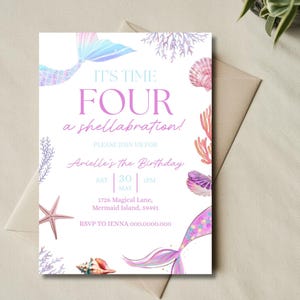 May include: A mermaid-themed birthday invitation with the text "IT'S TIME FOUR a shellabration!" in pink. The invitation includes mermaid tail illustrations, seashells, and coral accents. The invitation is on a white background.