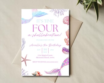 Four Mermaid Birthday Invitation | Shellabration 4th Birthday Invite | Mermaid Tail Girls Party | Editable Canva Template | Digital Download