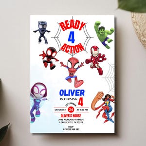 May include: A white invitation card featuring superhero characters and the text "READY 4 ACTION". The card is for Oliver's 4th birthday, with the date, time, and address details included.