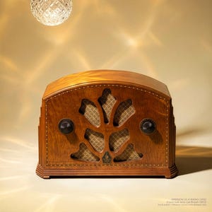 May include: A vintage wooden radio with a decorative front panel and two knobs. Above, a crystal bulb lamp hangs from a cord. The radio is labeled "EMERSON 25-A RADIO (1932)" and the lamp is labeled "Crystal bulb lamp. Lee Broom (2012)".